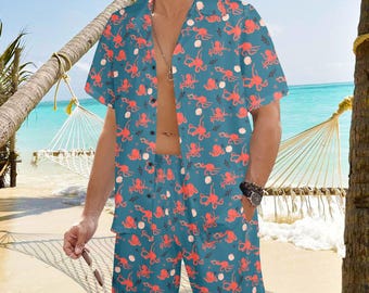 Octopus Tropical Shirt Shorts Outfit Set Men, Beach Ocean Fish Fun Sea Hawaiian Beach Male Guys Summer Short Sleeve Button Up Down Luau