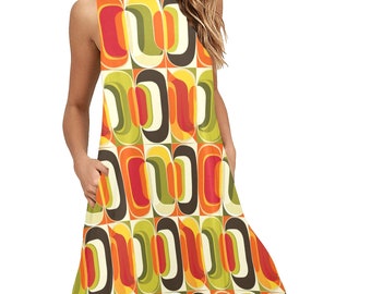 Mid Century Modern Tank Dress Women Pockets, 60s Retro Geometric Vintage 70s Print Summer Sleeveless Mini Short Cute Handmade Party Casual