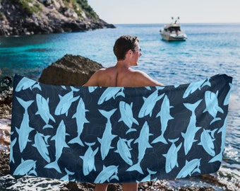 Great White Shark Oversized Beach Towel, Ocean Sea Navy Blue Pool Microfiber Extra Large Swim Quick Dry Surf Designer Men Women XL Cotton