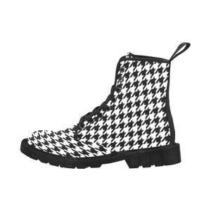Houndstooth Women&#39;s Boots, Black White Print Vegan Canvas Lace Up Shoes Army Ankle Combat Winter Casual Custom Gift