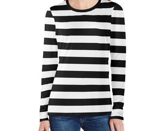 Black White Striped Women Long Sleeve Tshirt, Stripes Costume Ladies Female Designer Adult Graphic Aesthetic Fitted Crewneck Tee Shirt Top