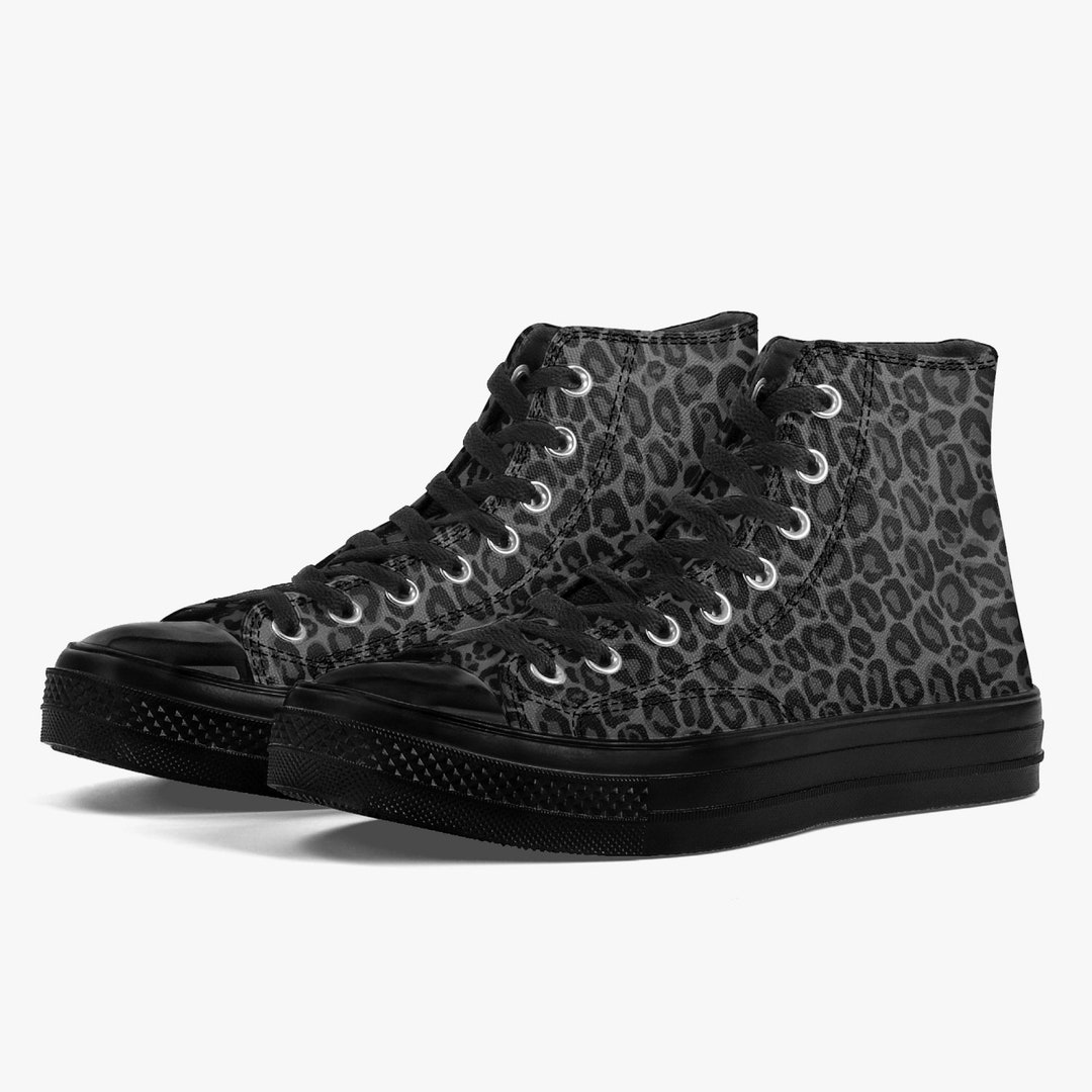 Black Leopard High Top Shoes, Animal Print Lace up Sneakers Footwear