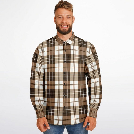 【THE USA】 Unlikely BDシャツ BROWN PLAID Brown Check Plaid Long Sleeve Men Button up Shirt, White