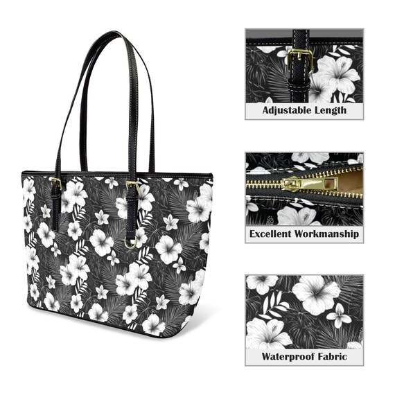 黒と花柄のレディースバック　okajima 手提げ Black White Floral Tote Bag Purse, Hibiscus Flowers Art Women