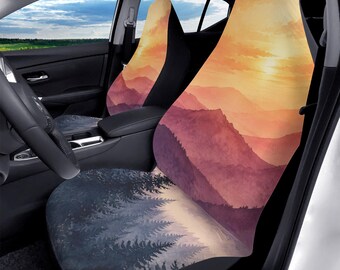 Sunset Mountains Car Seat Covers (2 pcs), Pine Trees Forest Nature Auto Front Dog Pet Vehicle SUV Universal Fit Luxury Protector Accessory