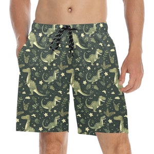 Dinosaurus zwembroek voor heren, groene Jurassic Dino halflange shorts Strand achterzakken Mesh linnen badpak met trekkoord Zwemkleding Grote maten