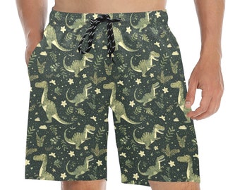 Dinosaur Men Swim Trunks, Green Jurassic Dino Mid Length Shorts Beach Back Pockets Mesh Linen Drawstring Bathing Suit Swimwear Plus Size