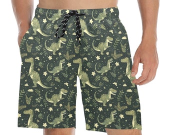 Bañador de dinosaurio para hombre, pantalones cortos de longitud media de Dino jurásico verde, bolsillos traseros de playa, traje de baño de malla de lino con cordón, traje de baño de talla grande