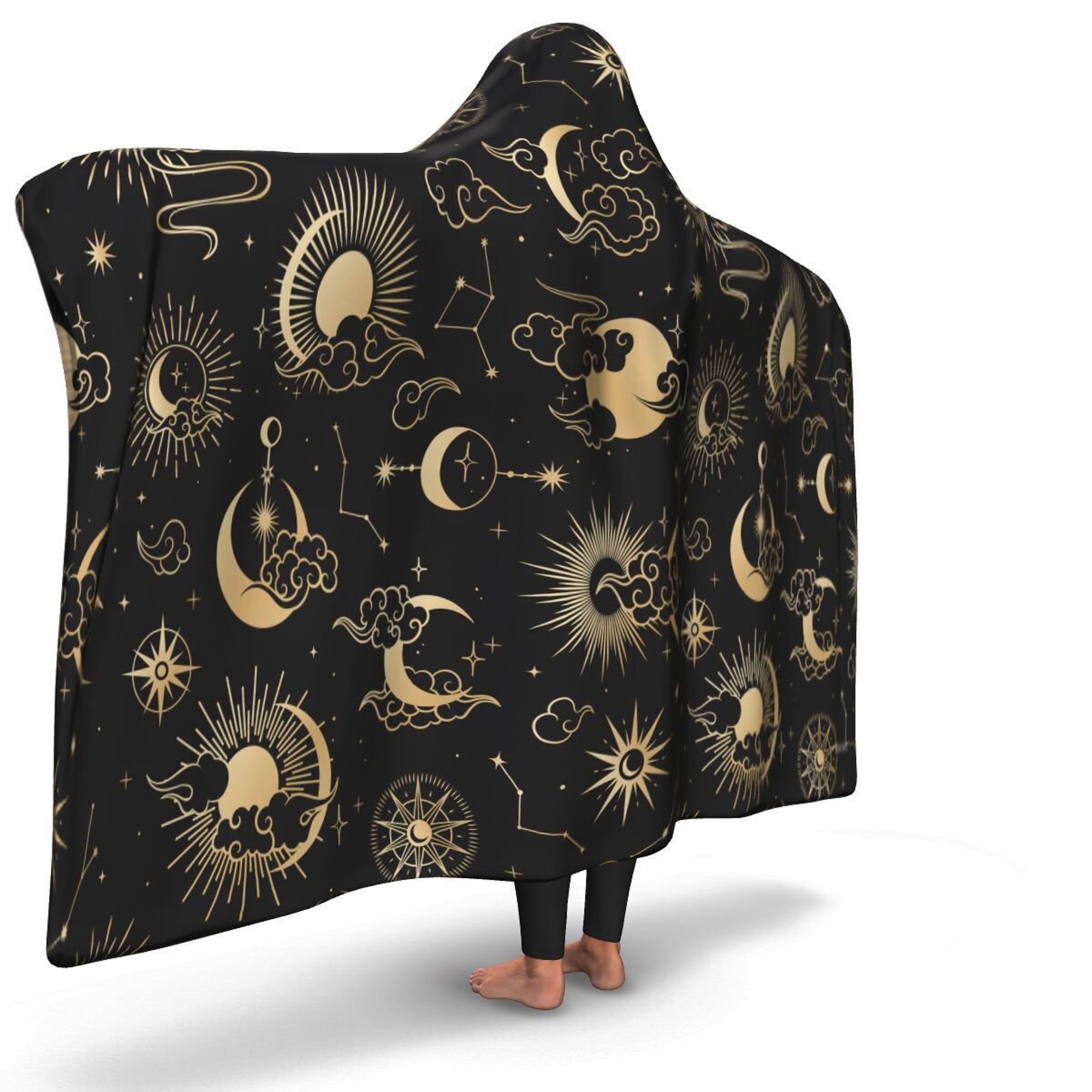 Moon Sun Sherpa Hooded Blanket, Stars Oriental Festival Fleece Microfleece Adult Youth Men Woman Wearable Cloak Winter Gift