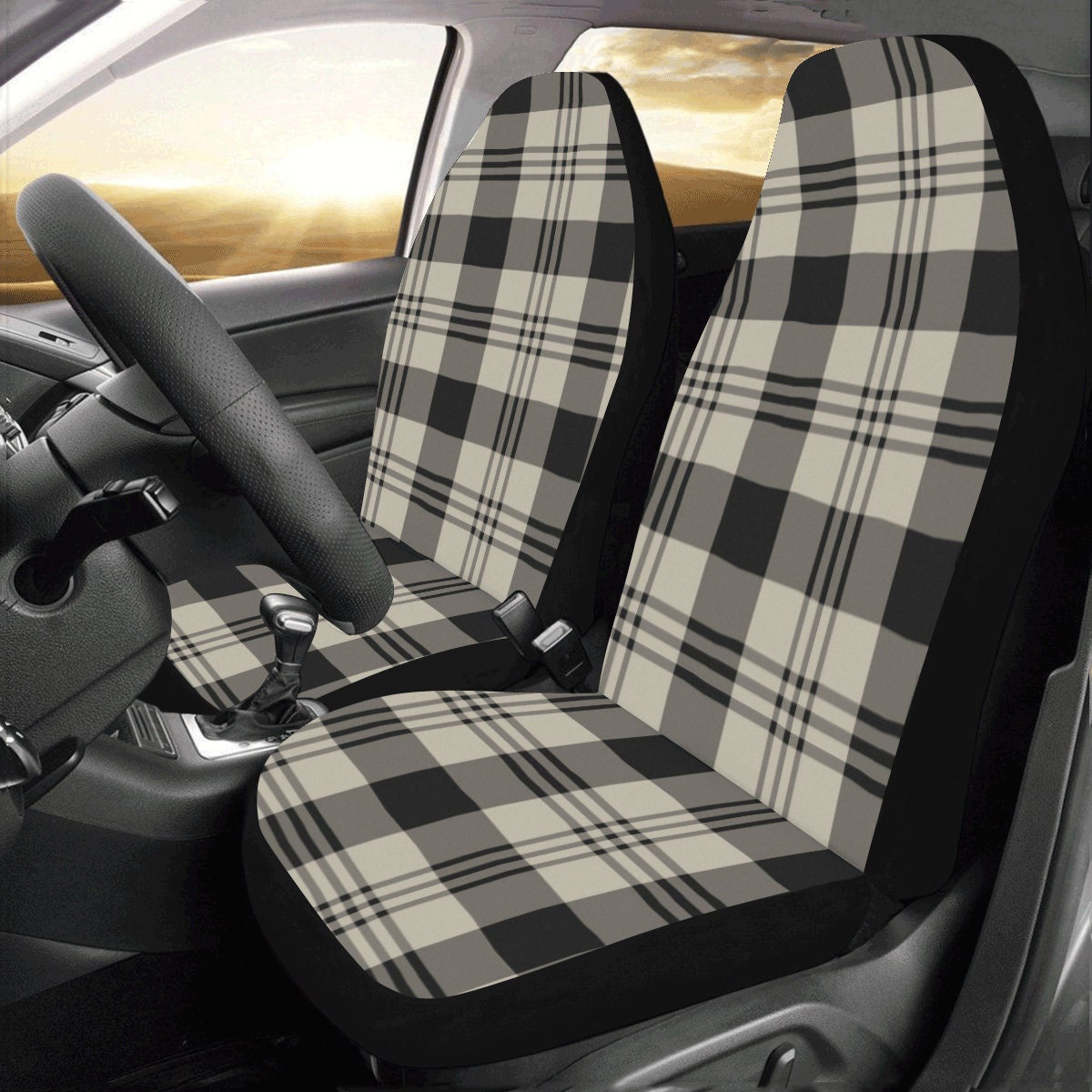 Karierte Auto Sitzbezüge Set 2-tlg., Tartan Buffalo Karos schwarz beige  Muster Vordersitz SUV Hundeschutz Accessoire Dekoration Canvas -   Österreich