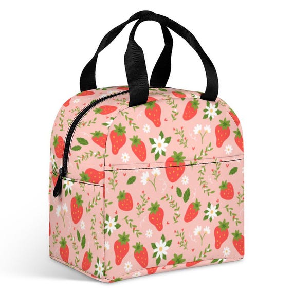 Strawberry Insulated Lunch Box Bag Tote, Pink Summer Fruit Floral