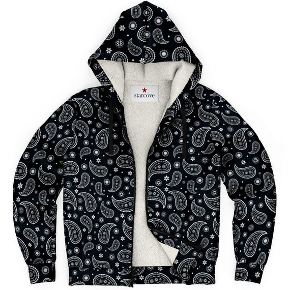 Black Paisley Zip up Fleece Lined Hoodie, Bandana Heavyweight Full