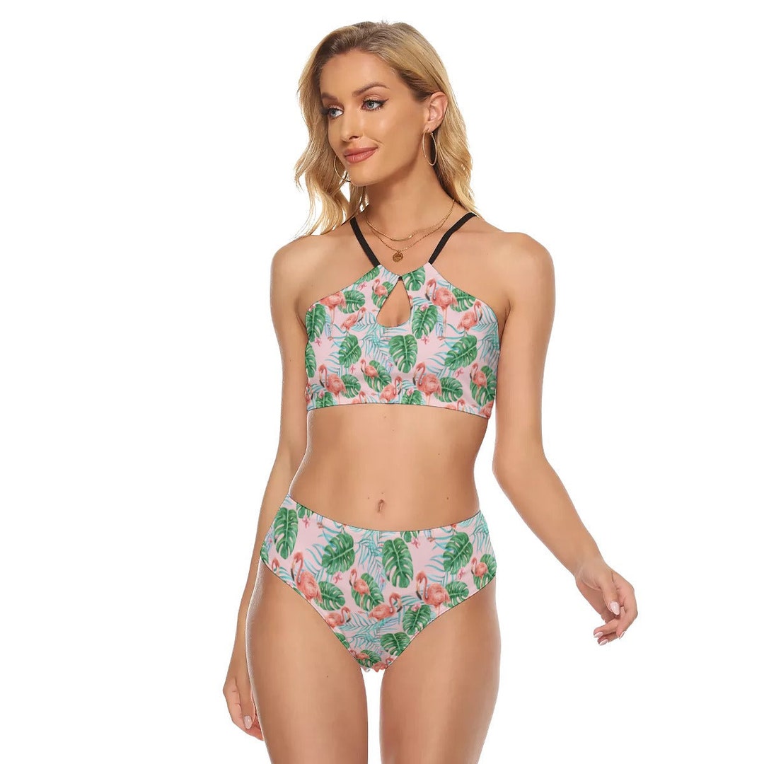 Pink Flamingo Women Cami Keyhole Bikini Set, Cheeky Bottom Bandeau Sexy