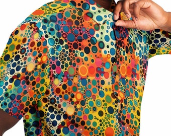 Psychedelic Men Button Up Shirt, Funky Groovy Retro Vibrant Dot Art Vintage Short Sleeve Festival Print Buttoned Down Guys Collared Designer