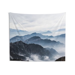 Mountain with Fog Wall Tapestry, Scenic Wanderlust Landscape Wall Art Bedroom Decor Indoor Wall Tapestries