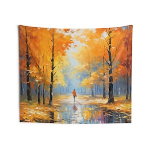 Fall Autumn Leaves Tapestry, Forest Nature Wall Art Hanging Cool Unique Landscape Aesthetic Large Small Bedroom College Dorm Room