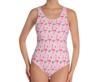 Pink Flamingo One Piece Swimsuit Woman, Cute Designer Pool Party Sexy Tropical Print Swimwear Bathing Suit Flamingle Swimming