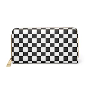 Portafoglio in pelle a scacchi da donna, nero bianco a scacchi vegano con cerniera lampo intorno alle monete, carte di credito, tasca per contanti, pochette sottile da donna