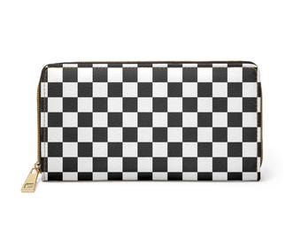 Checkered Leather Wallet Women, Black White Check Vegan Zipper Zip Around Coins Credit Cards Pocket Cash Ladies Pouch Slim Clutch Purse