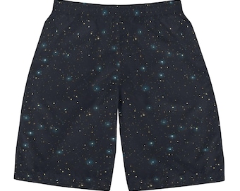 Constellation Men Swim Trunks, Space Universe Print Mid Length Shorts Beach Surf Swimwear Male Pockets Drawstring Bathing Suit Board Summer