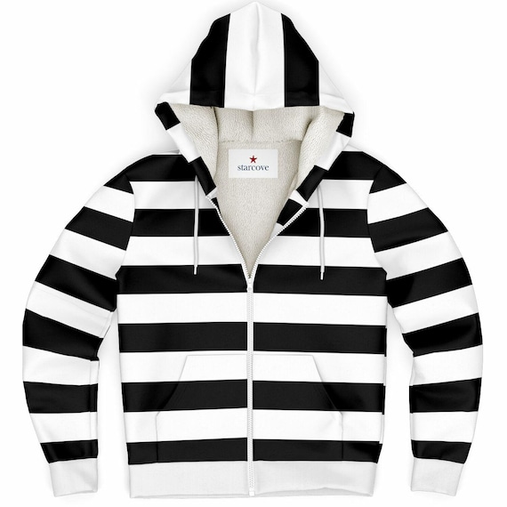 Black White Striped Zip up Fleece Lined Hoodie, Heavyweight Full