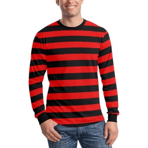 Camiseta de rayas rojas y negras de manga larga para hombre, camiseta de cuello redondo con rayas retro gráficas vintage unisex para mujer, camiseta de diseño punk de Halloween