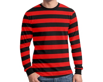 Men Long Sleeve Black Red Striped TShirt, Graphic Vintage Retro Stripes Crewneck Unisex Women Designer Tee