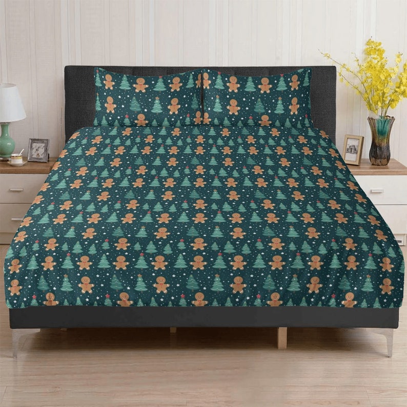 Gingerbread Man Bedding 3pc Set, Christmas Xmas Green Trees One Duvet