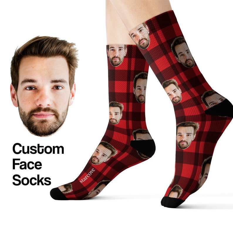 Custom Face Socks Photo Red Buffalo Plaid 3D Printed Etsy