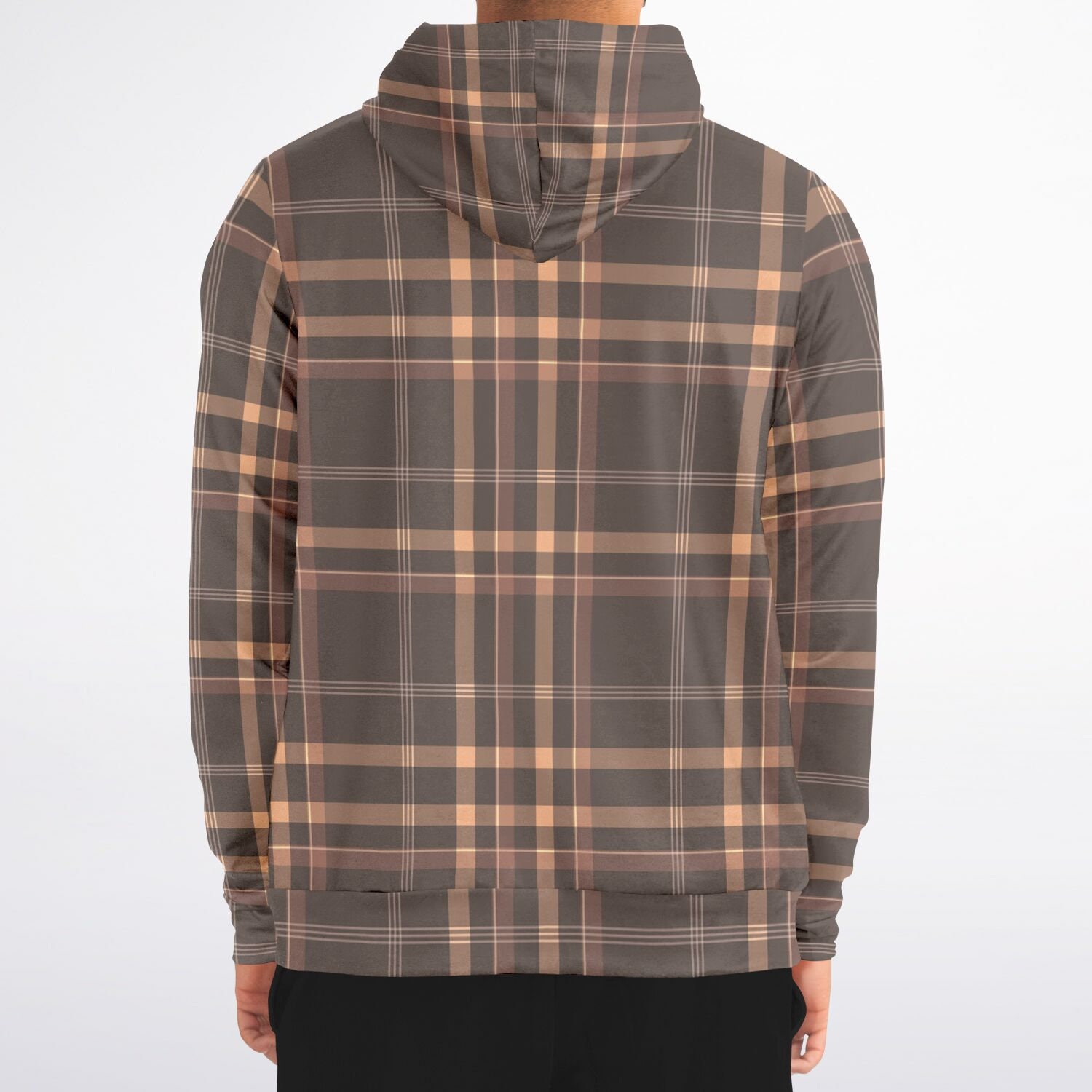 Brown Tartan Zip up Hoodie, Plaid Front Zipper Pocket Men Women