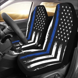 USA America Flag Car Seat Covers 2 pc, US Police Red White Blue Line Patriotic American Front Auto Car SUV Protector Accessory Decoration