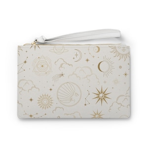 Celestial Wristlet Wallet Clutch Bag Purse, Constellation Stars Moon Sun White Vegan Leather Pocket Zipper Evening Modern Wrist Pouch Women