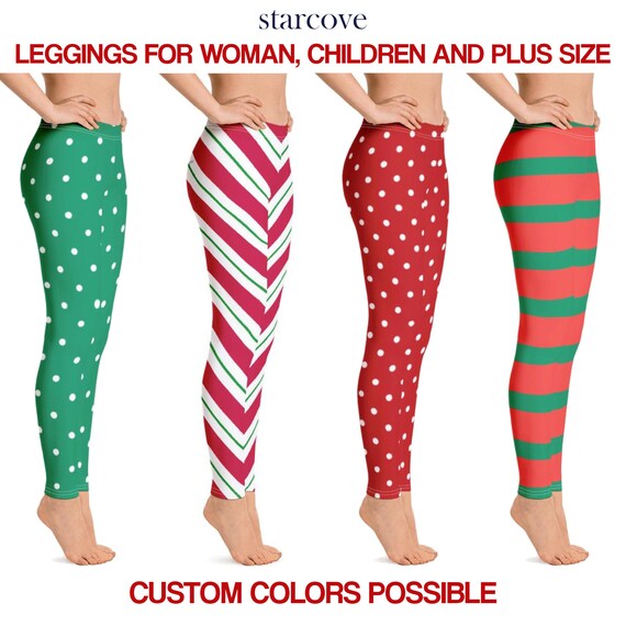 Christmas Leggings, Candy Cane Elf Striped Red Yoga Pants Printed