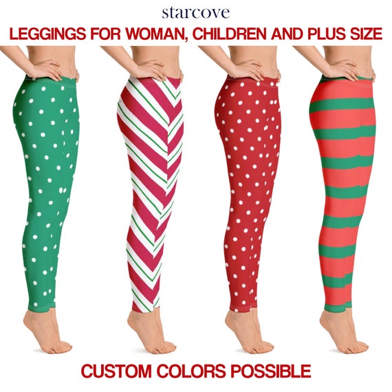 Christmas Leggings, Candy Cane Elf Striped Red Yoga Pants Printed