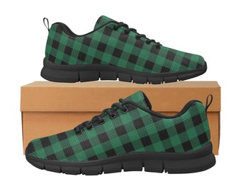 Green Buffalo Plaid Women Sneakers Shoes, Black Check Checkered Custom Cute Breathable Fashion Vegan Mesh Canvas Athletic Sports