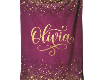 Personalized Fleece Throw Blanket, Custom Name Printed Gold Glitter Soft Sherpa Fluffy Adult Kids Small Large Sofa Couch Bed 50x60 Faux Fur