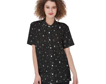 Sterne Shirt Frauen, Schwarz Weiß Space Galaxy Button Up Damen Bluse Print Geknöpft Kurzarm Unten Kragen Casual Dress Top