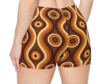 Groovy Women Shorts, Brown 70s Retro Stripe Yoga Biker Sport Workout Gym Festival Running Moisture Wicking Ladies Spandex Bottoms Activewear