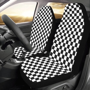 Checkered Flag Car Seat Covers 2 pc, Black White Check Buffalo Racing Pattern Front Seat Covers, Car SUV Seat Protector Accessory