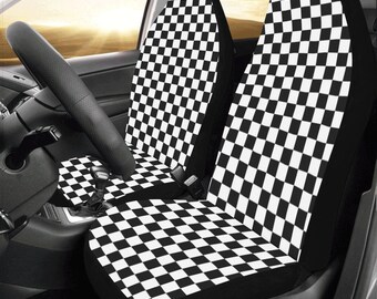 Checkered Flag Car Seat Covers 2 pc, Black White Check Buffalo Racing Pattern Front Seat Covers, Car SUV Seat Protector Accessory