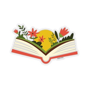 Flower Book Sticker, World Book Day Reading Library Laptop Decal Vinyl Cute Waterbottle Tumbler Car Bumper Aesthetic Label Wall Mural