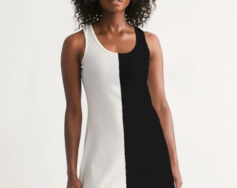 Half Black and White Women Halter Dress, Two Color Block Split 2 Tone Combo Summer Sleeveless Cocktail Mini Handmade Designer Half Black and White Women Halter Dress, Two Color Block Split 2 Tone Combo Summer Sleeveless Cocktail Mini Handmade Designer