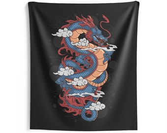 Dragon Tapestry, Clouds Asian Chinese Japanese Tattoo Fantasy Vertical Indoor Wall Art Hanging Monster Large Small Decor Home Dorm Room Gift