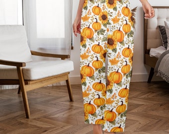 Fall Pumpkins Women Pajamas Pants, Sunflowers Autumn Satin PJ Funny Pockets Trousers Couples Matching Ladies Trousers Bottoms Sleepwear