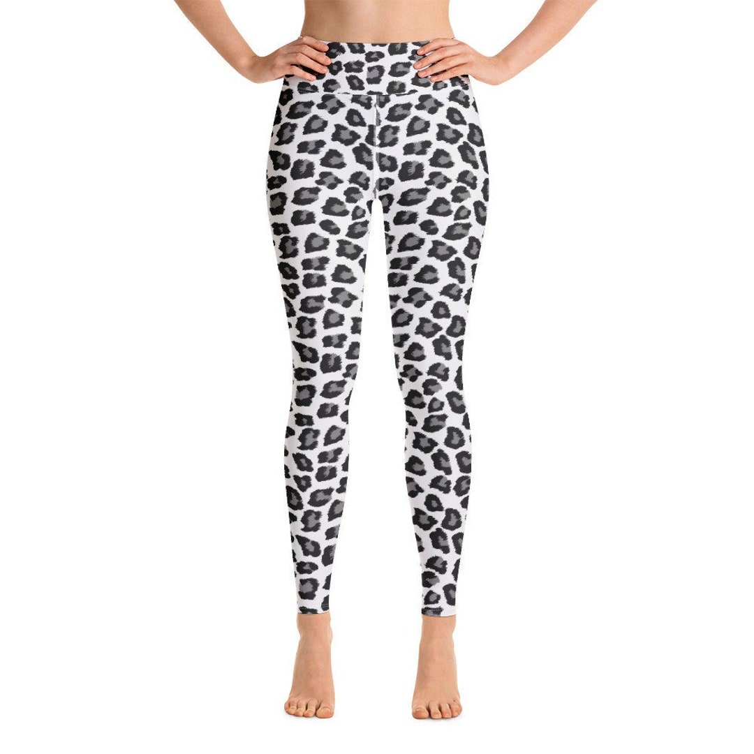 Snow Leopard Yoga Leggings Women, Black White High Waisted Pants Cute Graphic Workout Running