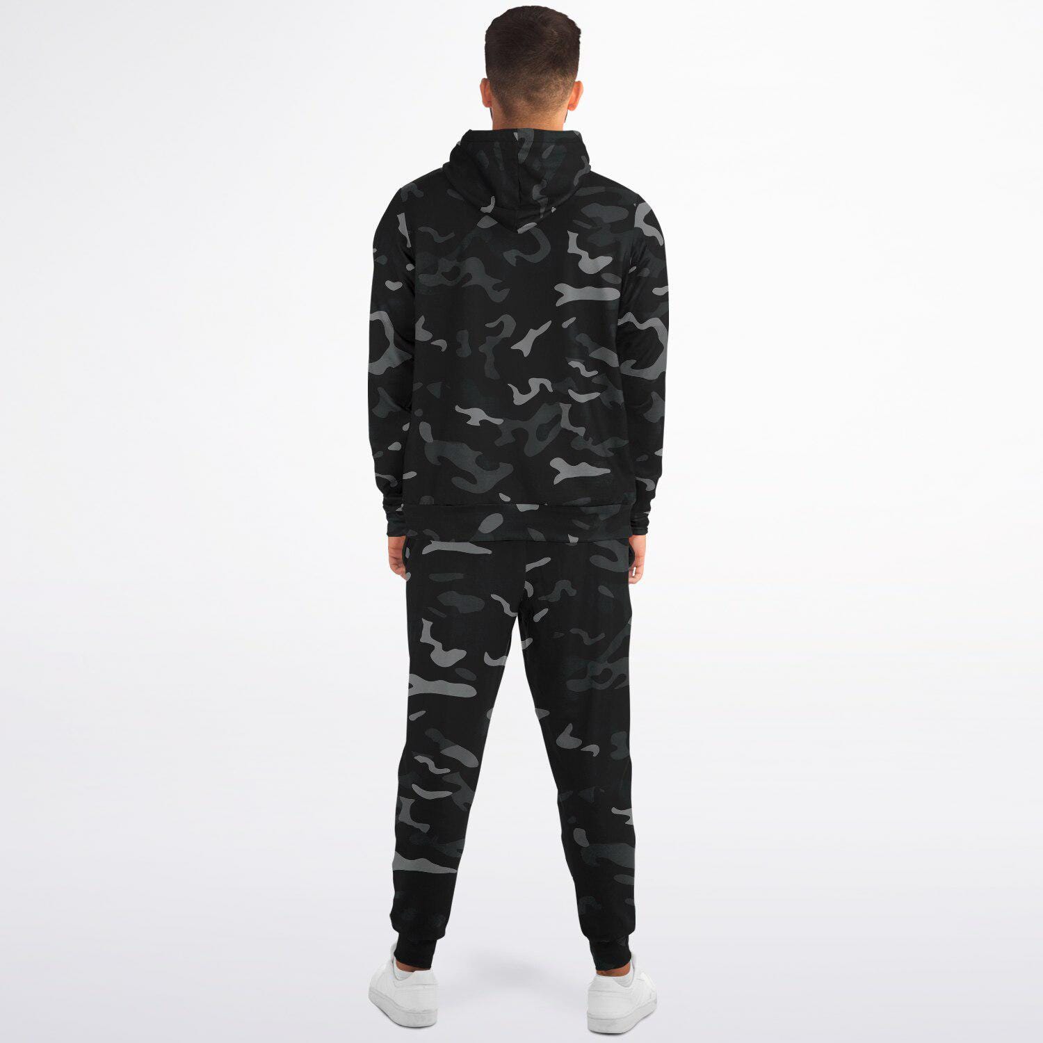 Camo Zip Hoodie Jogger Sweatsuit Set, Black Grey Camouflage Zipper 