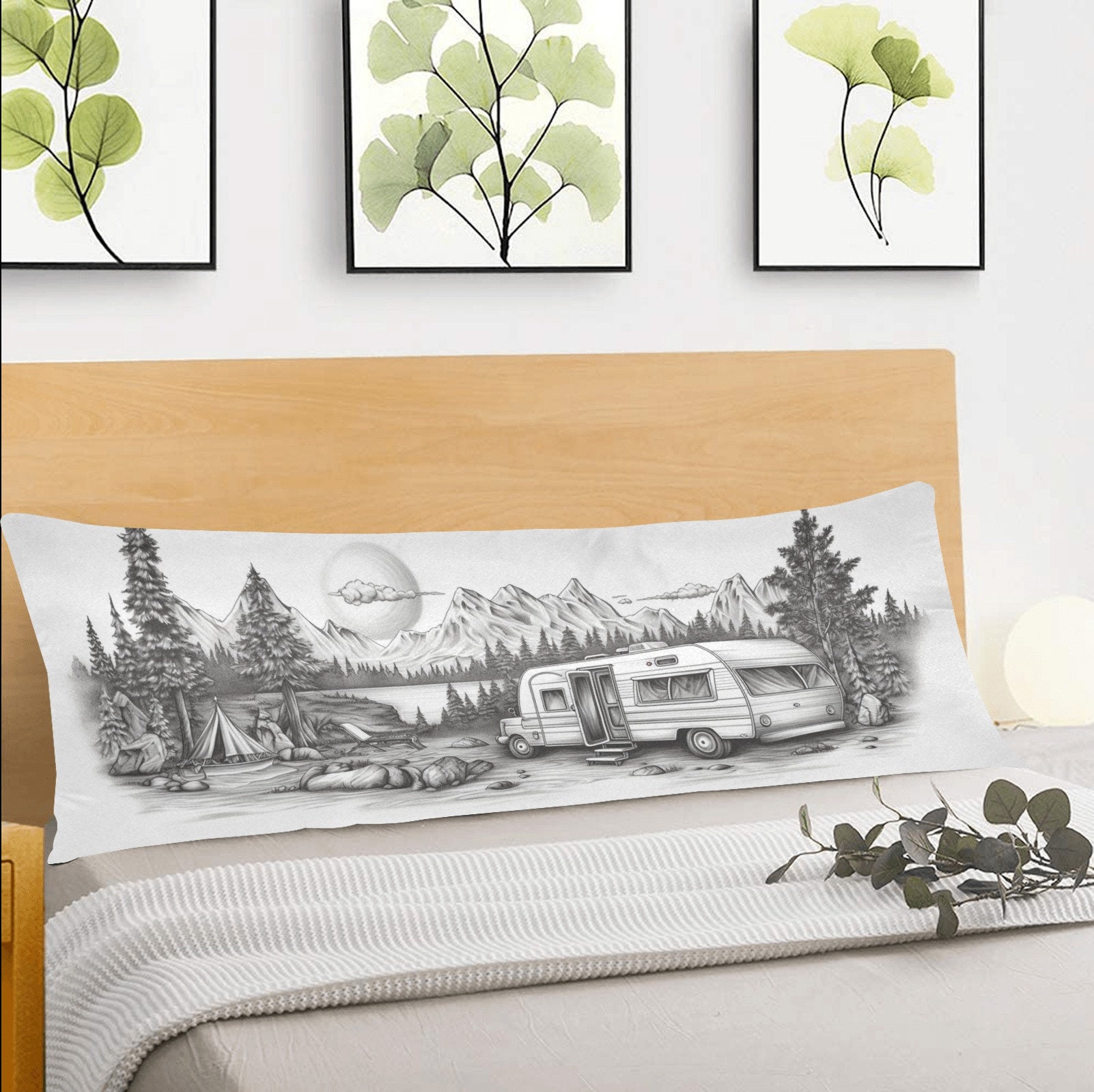 Camping Body Pillow Case, Mountains Outdoor Camper RV Black White Long Large Bed Accent Print Throw Decor Decorative Cover 20x54 Zipper
