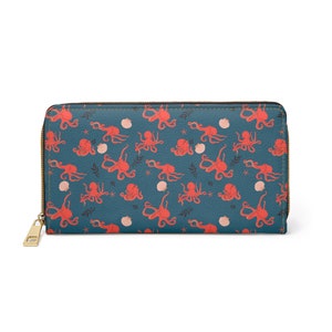 Carteira de couro de polvo feminina, oceano praia mar vegan zíper zip em torno de moedas cartões de crédito bolso dinheiro senhoras bolsa de embreagem fina