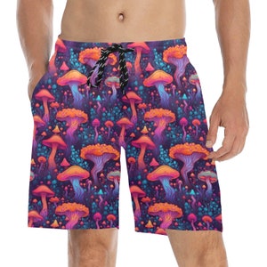 Mushroom Men Swim Trunks, Psychedelic Trippy 7 Inch Shorts Beach Surf Swimwear Front Back Pockets Mesh Lining Drawstring Bathing Suit
