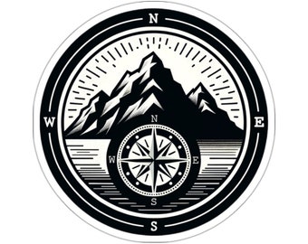 May include: Black and white compass design with a mountain range in the background. The compass has the letters N, S, E, and W around the compass rose. The design is surrounded by a black circle with a white border.